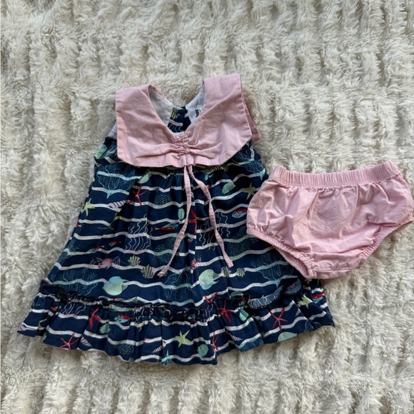 Baby Girl Ocean Print Dress & Bloomers Set 3-6 Months Nautical Fish Print - Picture 3 of 5